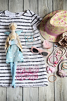 Summer attributes, Swedes and hat for little girl and doll in th