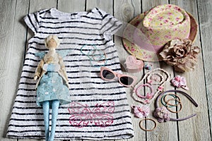 Summer attributes, Swedes and hat for little girl and doll in th