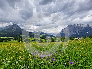 Summer austrian landscape with Grimming mountain 2.351 m, an isolated peak in the Dachstein Mountains, view from small alpine