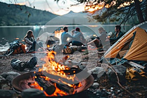 Summer. Authentic outdoor experiences. Friends rest on the forest with a tent near the fire