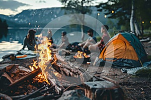 Summer. Authentic outdoor experiences. Friends rest on the forest with a tent near the fire