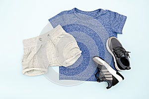 Summer babies blue clothes and accessories with t shirt, shorts,sneakers. Modern fashion kids casual outfit.Set of children`s