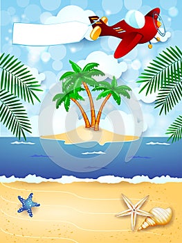 Summer background with airplane and blank banner