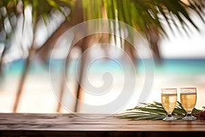 Summer background of beach and free space for your decoration. Wooden table background and summer time. Generative Ai