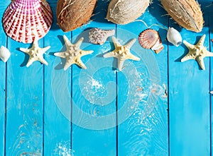 Summer background with beach sand, starfish coconut leaves, and shell decoration hanging on wooden background