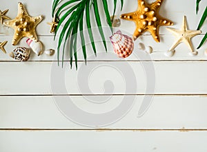 Summer background with beach sand, starfish coconut leaves, and shell decoration hanging on wooden background