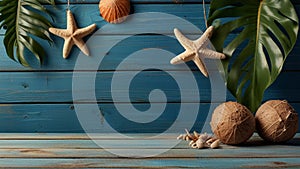 Summer background with beach sand starfishs coconut leaves and shells decoration hanging on blue wood background photo