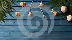 Summer background with beach sand starfishs coconut leaves and shells decoration hanging on blue wood background