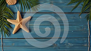 Summer background with beach sand starfishs coconut leaves and shells decoration hanging on blue wood background