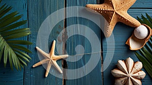 Summer background with beach sand starfishs coconut leaves and shells decoration hanging on blue wood background