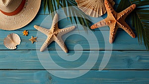 Summer background with beach sand starfishs coconut leaves and shells decoration hanging on blue wood background