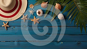 Summer background with beach sand starfishs coconut leaves and shells decoration hanging on blue wood background