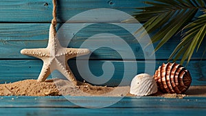 Summer background with beach sand starfishs coconut leaves and shells decoration hanging on blue wood background