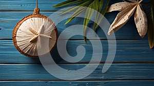 Summer background with beach sand starfishs coconut leaves and shells decoration hanging on blue wood background