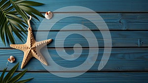 Summer background with beach sand starfishs coconut leaves and shells decoration hanging on blue wood background