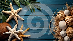 Summer background with beach sand starfishs coconut leaves and shells decoration hanging on blue wood background