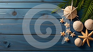 Summer background with beach sand starfishs coconut leaves and shells decoration hanging on blue wood background