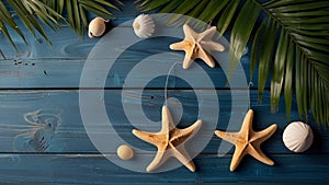 Summer background with beach sand starfishs coconut leaves and shells decoration hanging on blue wood background
