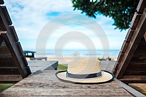 Summer background beautiful beach have hat place on wood table n