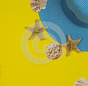 Summer background. Blue hat and seashells on a yellow background.