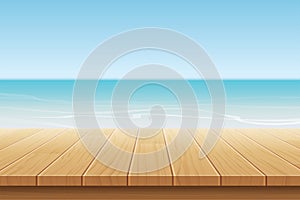 summer background blue sky with sea and wooden for product display montages photo