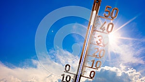 Summer background, bright sun with thermometer