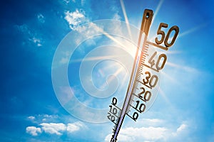 Summer background, bright sun with thermometer