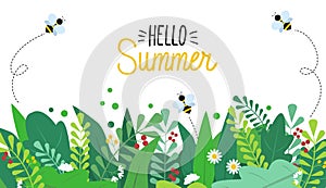 Summer background with colorful green leaves, bees and flowers on white background