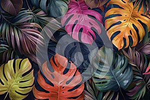 Summer background of colorful monstera and palm leaves on dark background