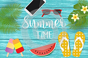 Summer background with colorful sandals, coconut leaves, smart phone, ice cream, sunglasses, plumeria flower and watermelon on old