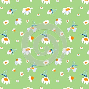 Summer background daisy dragonfly seamless pattern spring Blooming wildflower lush foliage ornament wrapping fabric