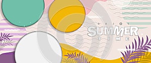 Summer background design with empty colorful circle and leaf on abstract cartoon style summer background. Vector.
