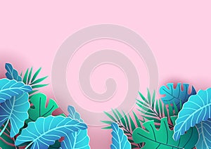 Summer background design with tropical elements. Pink background and leaves for sale banner, poster or voucher discount. Summer