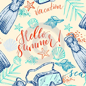 Summer background with diving mask and lettering