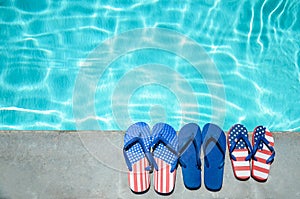 Summer background with flip flops near the pool