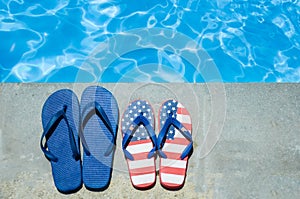 Summer background with flip flops near the pool