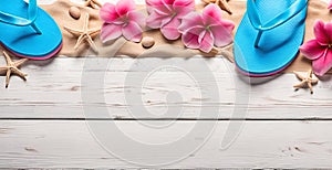 Summer background with flipflops and flowers with copy space