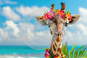 Summer background, Giraffe with hawaiian costume tropical palm and beach background