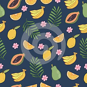 Summer background. hawaiian syle. seamless pattern with tropical fruit, flower and palm leaf illustration on blue background. hand