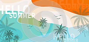 Summer background. Hello Summer design with coconut palm on summer color background. Abstract background.