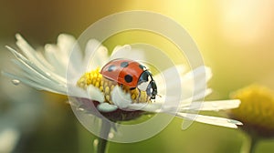 Summer background with ladybug and a white daisy flower well lit with morning sun. Generative AI