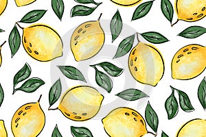 Summer background, lemon with green leaves seamless pattern