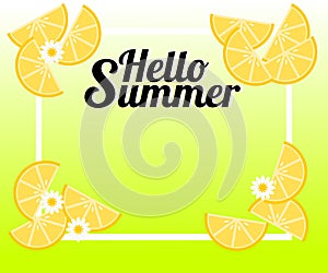 Summer background with lemon and tiny flowers. There is word `Hello Summer`. Illustration use for web banner, poster or flyer.