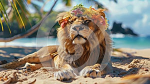 Summer background, A lion with hawaiian costume tropical palm and beach background