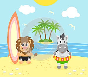 Summer background with lion and zebra on the beach