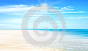 Summer background with ocean, coastline, blue sky, sunshine and beach.