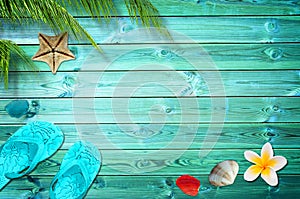 Summer background, palm trees, flip flops and sea shells photo