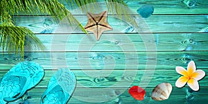 Summer background with palm trees flip flops and sea shells