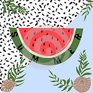 summer background with a piece of watermelon palm branches shell and abstract texture spots in the background