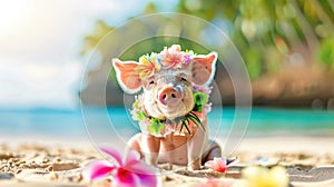 Summer background, A Pig with hawaiian costume tropical palm and beach background